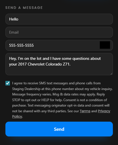 QRide Assist vehicle inquiry form showing the SMS and phone call consent checkbox